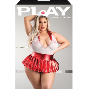 Play Pulse Check Collared Teddy w/Open Back, Pleated Skirt, Medic Hat & Pasties Red/White
