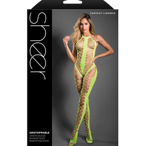Sheer Unstoppable Crotchless Rhinestone Halter Bodystocking - Neon Green