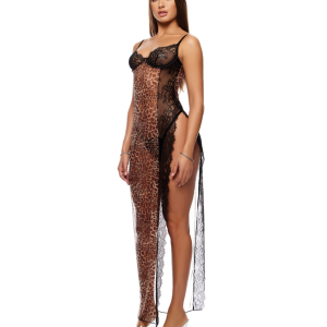 Animal Instincts Sheer Mesh and Lace Gown w/Thong 2 pc Set - Animal