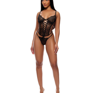 Animal Instincts Sheer Mesh and Lace Bustier w/Thong 2 pc Set - Animal